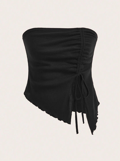 Cross-border  women's clothing popular autumn and winter new drawstring split irregular waffle slim tube top