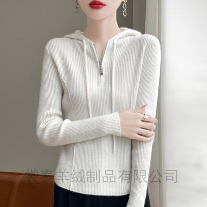 Half-zipper drawstring slim cashmere sweater women's pullover sweater autumn and winter solid color hooded wool knitted slim base