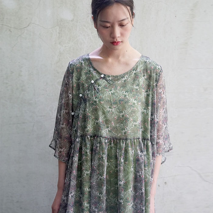 Special offer! Republic of China style retro printed Tencel wide-sleeved dress, Chinese buckle robe Mori L826
