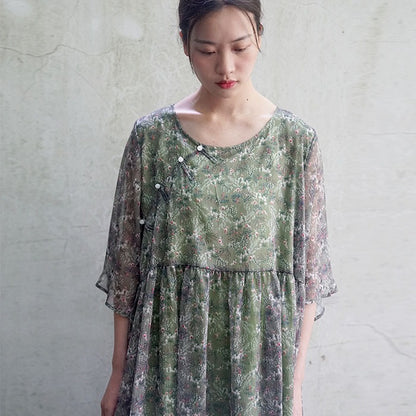 Special offer! Republic of China style retro printed Tencel wide-sleeved dress, Chinese buckle robe Mori L826