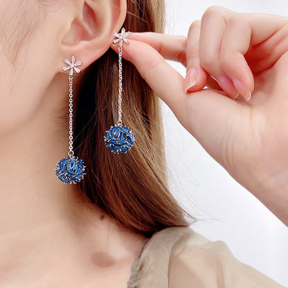 2025 Korean color zircon snowflake long temperament earrings personalized super fairy earrings S925 silver needle hollow ball earrings