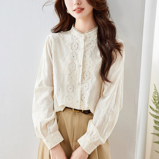 Cotton cocoon, apricot embroidered shirt women's long sleeves 2025 spring stand-up collar top temperament lady pure cotton embroidered shirt