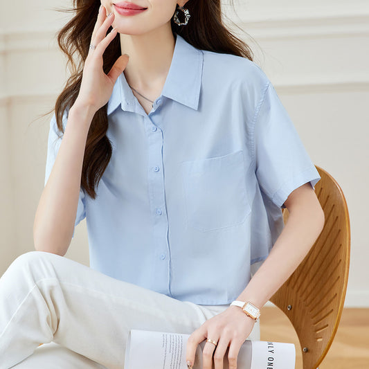 Cotton cocoon, cotton lapel short-sleeved shirt women's 2025 summer new loose and versatile design top