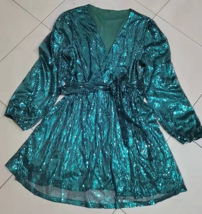 Zllk  Europe and America Cross Border Women's Clothing  Hot  Fall Slim Fit Lantern Sleeve round Neck Belt Sequins Dress Women