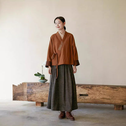 2025 Retro v-neck new Chinese loose coat, linen cotton contrasting colors and old hand-embroidered thread lace-up coat female A1036