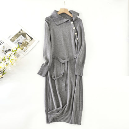 ZllKl Medium and long turtleneck sweater women's autumn and winter lazy  style with coat knitted skirt knee temperament dress