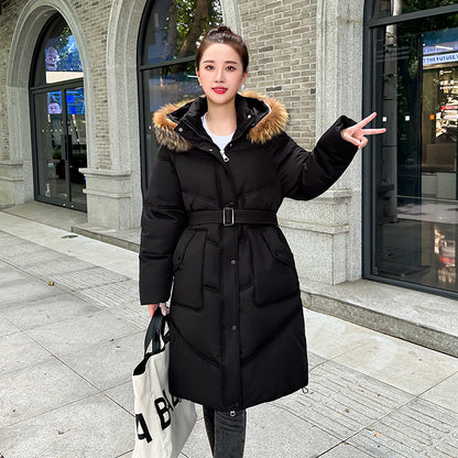 winter Russia's new commuter simple casual trench coat medium and long large fur collar down cotton coat women