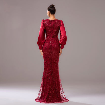 r 2025 new temperament long-sleeved crew neck banquet hip-wrapped hot diamond sequins evening dress bridesmaid dress women