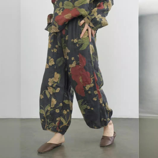 casual literary and artistic flowers loose straight linen pants, retro exotic ethnic lantern nine-point pants K24094