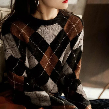 Retro style contrasting color knitted sweater autumn and winter new British rhombus plaid sweater women wear foreign style bottoming top