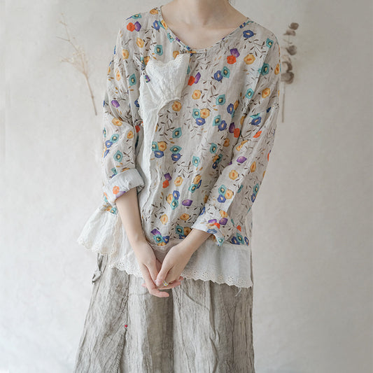 design Chinese style diagonal placket printed ramie shirt, retro trendy niche lace top S22014