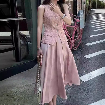 2025 Spot popular summer new fresh two-piece set collectible small fragrant top vest + skirt set