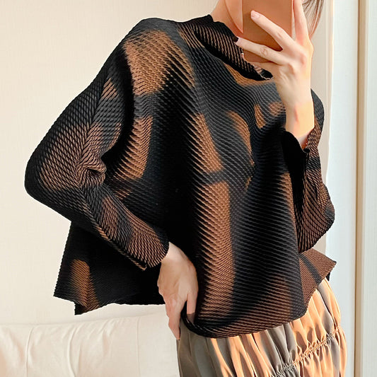 2025 Japanese Miyake Top Women's Long Sleeve Large Size Women's Spring and Autumn Clothing New Loose Stand-Up Collar T-Shirt Women's Batman Shirt Hot Style