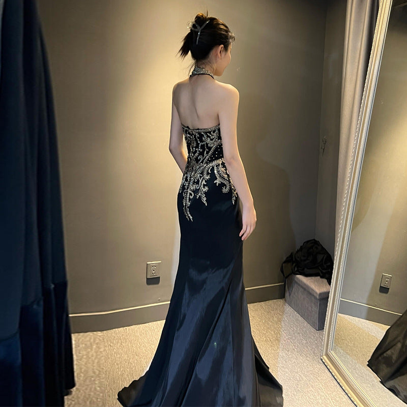 2025 Host Dress High Sense Banquet Chorus Dress Black Fishtail Neck Vocal Art Examination Solo Performance Dress