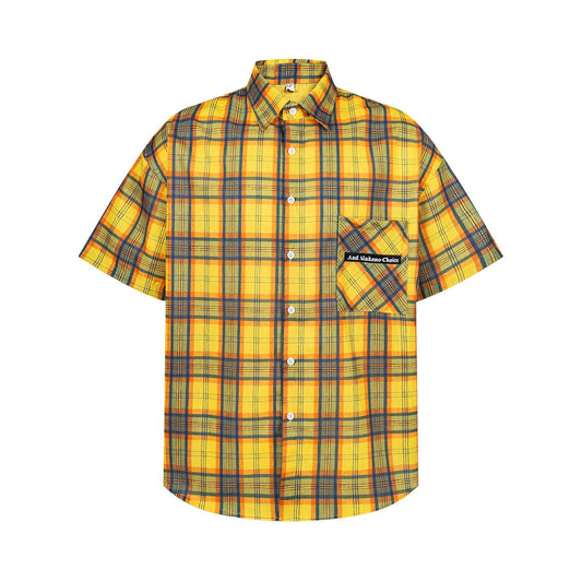 3657-1 2025n Vintage 2025 Embroidered Letter Niche Design Men's Premium Checkered Short Sleeve Shirt