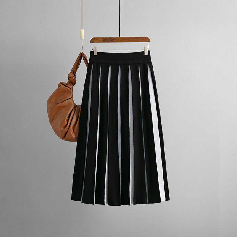 ZllKl 2025 retro knitted half-length skirt for women, high waist, thin and age-reducing, black and white splicing medium and long pleated skirt