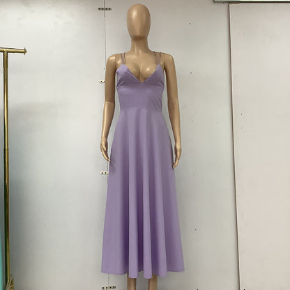 ZllKl  Spring/Summer Cross-Border Women's Clothing Solid Color  Hepburn Style Strap Dress Tube Top Stitching Midi Dress