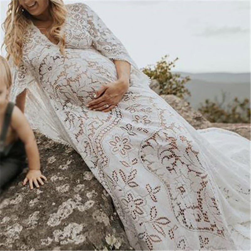 Spring and summer 2022 new Popular, 2025, New Popular trade  pregnant mother pregnant woman fluffy big pendulum lace dress long dress