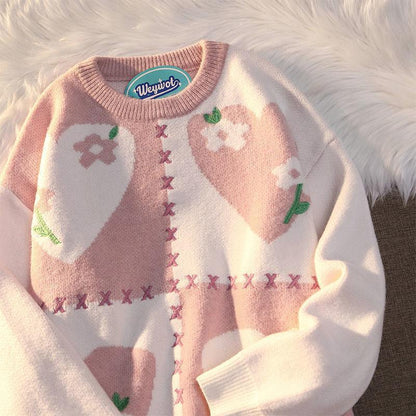 Hong Kong style Japanese vintage love sweater women's autumn and winter loose Korean outer wear gentle wind couple knitted sweater jacket
