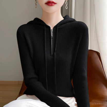 Half-zipper drawstring slim cashmere sweater women's pullover sweater autumn and winter solid color hooded wool knitted slim base
