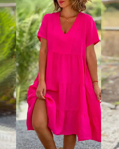 ZllKl  European American Summer New Women's Clothing Fresh Sweet V-neck Solid Color Wide Hem Casual Skirt Dress