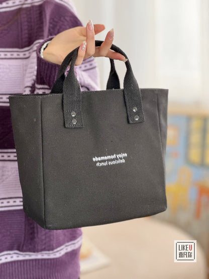 ZllKl  Canvas Solid Color Handbag Japanese Bento Mummy Office Worker Simple Contrast Color Fashion Carrying Bag Lunch Box