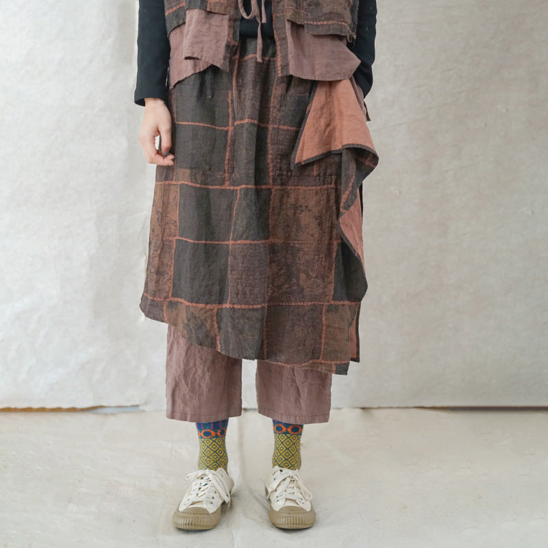 retro digital printing thickened linen fisherman pants, casual literary and thin versatile straight-leg pants K22016