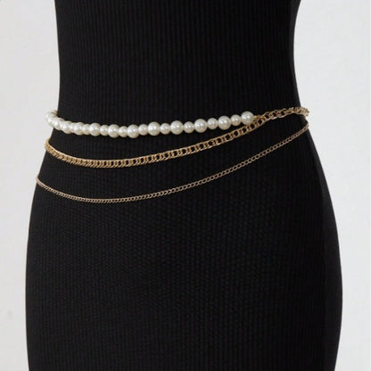 FB3363 2025 waist chain simple pearl chain metal chain wavy tassel side pendulum chain combined waist chain