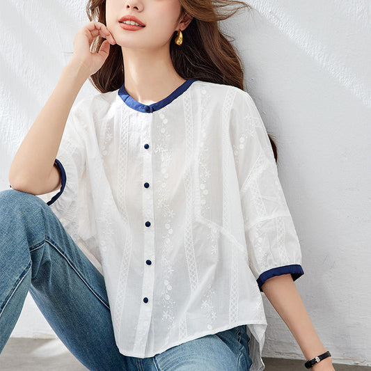 Summer new women's Korean version loose fashion sweet five-quarter sleeve embroidered shirt versatile casual top cotton shirt