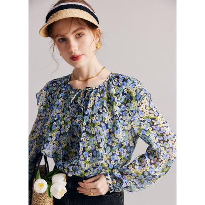 Silk shirt women's  spring and summer new long-sleeved 100% mulberry silk chiffon elegant  print shirt