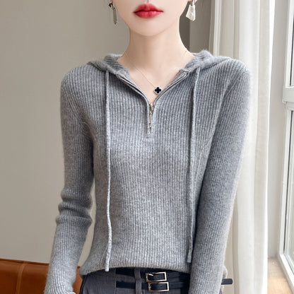 Half-zipper drawstring slim cashmere sweater women's pullover sweater autumn and winter solid color hooded wool knitted slim base
