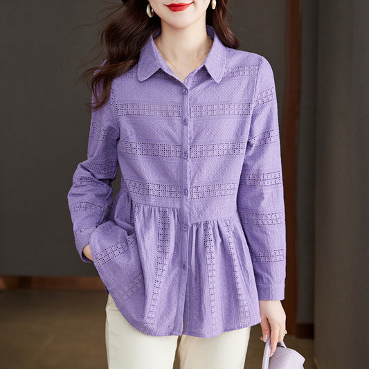 direct sales purple shirt women's long sleeves 2025 spring clothes new pure cotton embroidered top temperament embroidered shirt