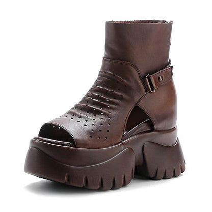 ZllKl  First Layer Cowhide Platform Increased Sandal Boots Leather High Heel Peep Toe Hollow Booties Summer Roman Women's Sandals