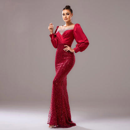 r 2025 new temperament long-sleeved crew neck banquet hip-wrapped hot diamond sequins evening dress bridesmaid dress women