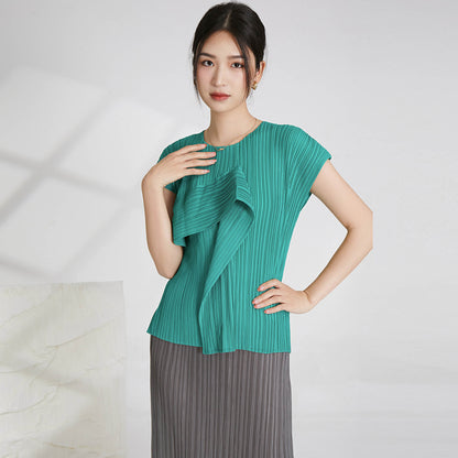 2025 Hot-selling women's t-shirt short-sleeved design sense niche round neck irregular high-end fashion temperament thin Miyake top