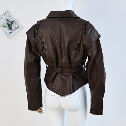 European and American cross-border 2025 winter retro lace-up faux leather jacket women's casual fashion lapel shawl Pu coat