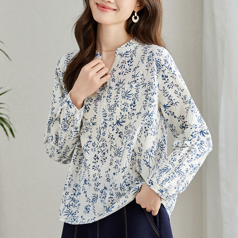 direct sales new Chinese style national style shirt women's pure cotton long-sleeved shirt women's new Chinese V-neck loose top women