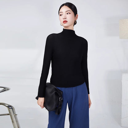 2025 Miyake basic spring and autumn bottoming shirt women's temperament turtleneck solid color slim fit simple versatile pleated long-sleeved top