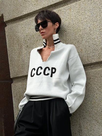 niche letter jacquard V-neck sweater women's winter casual loose lazy wind versatile pullover knitted sweater