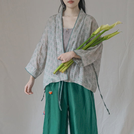 and improved Hanfu ramie printed cardigan, Chinese diagonal shirt contrasting color tea clothes cardigan sunshade clothes summer S22203