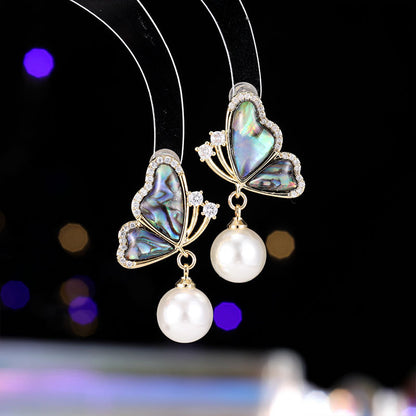 2025 Natural abalone shell retro zircon dream butterfly smart pearl shell stud earrings women's new fashion light luxury earrings