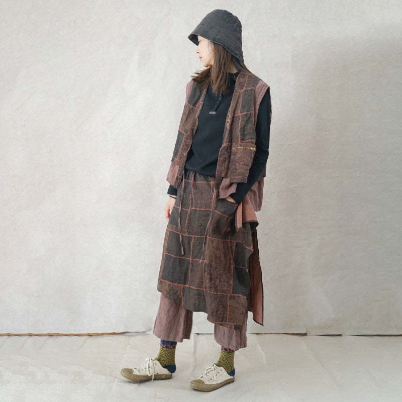retro digital printing thickened linen fisherman pants, casual literary and thin versatile straight-leg pants K22016