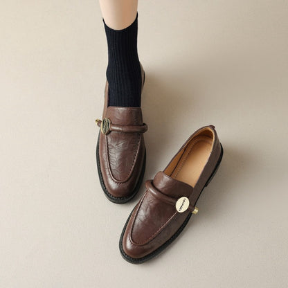 2025  Retro gold buckle thick heel loafer single shoes women's British style small leather shoes
