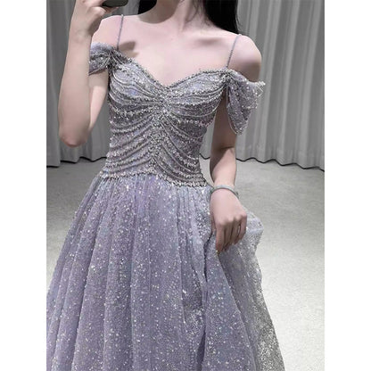 2025 light luxury banquet evening dress 2025 new suspender heavy industry fluffy long dress birthday party party dress