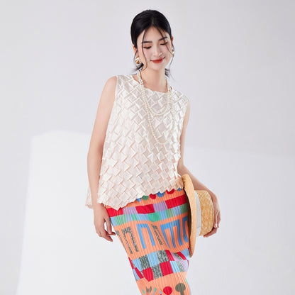 2025 Miyake Large Size Women's Summer Women's Top New Design Sense Irregular Fashion Commuter Versatile Sleeveless T-Shirt