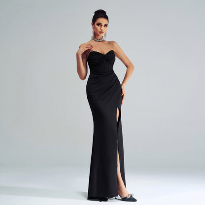 r 2025 women's clothing new high-end one-word collar chest-wrapped hip-wrapped split banquet evening dress bridesmaid dress