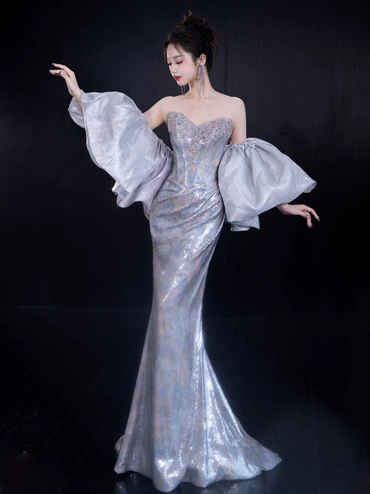High-end sequined evening dress  heavy industry tube top bride engagement fishtail temperament light luxury socialite banquet dress