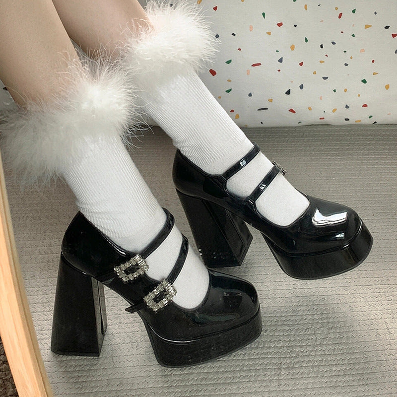 2025  OMG~ Thousand Gold White Moonlight High Heels are so pure! Super high heel Mary Jane waterproof table thick heel hollow single shoes