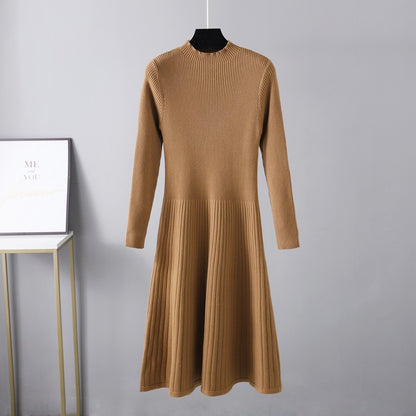 ZllKl Knitted semi-turtleneck dress for women, slim and thin in autumn and winter, thickened medium and long umbrella skirt, pink sweater skirt