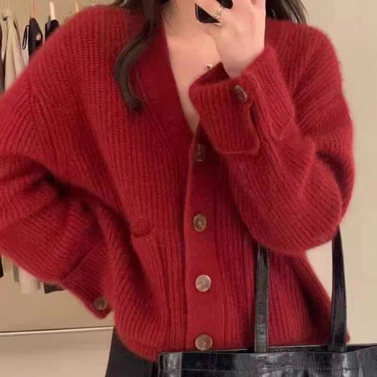 Korean autumn and winter soft milk raccoon fleece sweater women's v-neck  design sense foreign fashion knitted cardigan jacket